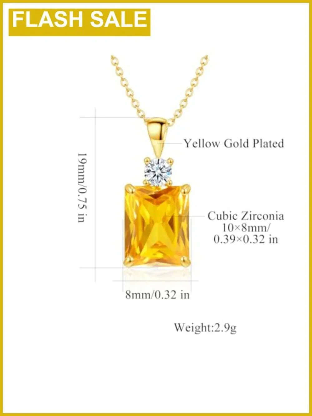 14K Gold Plated Rectangular Crystal Pendant Necklace 17.7in